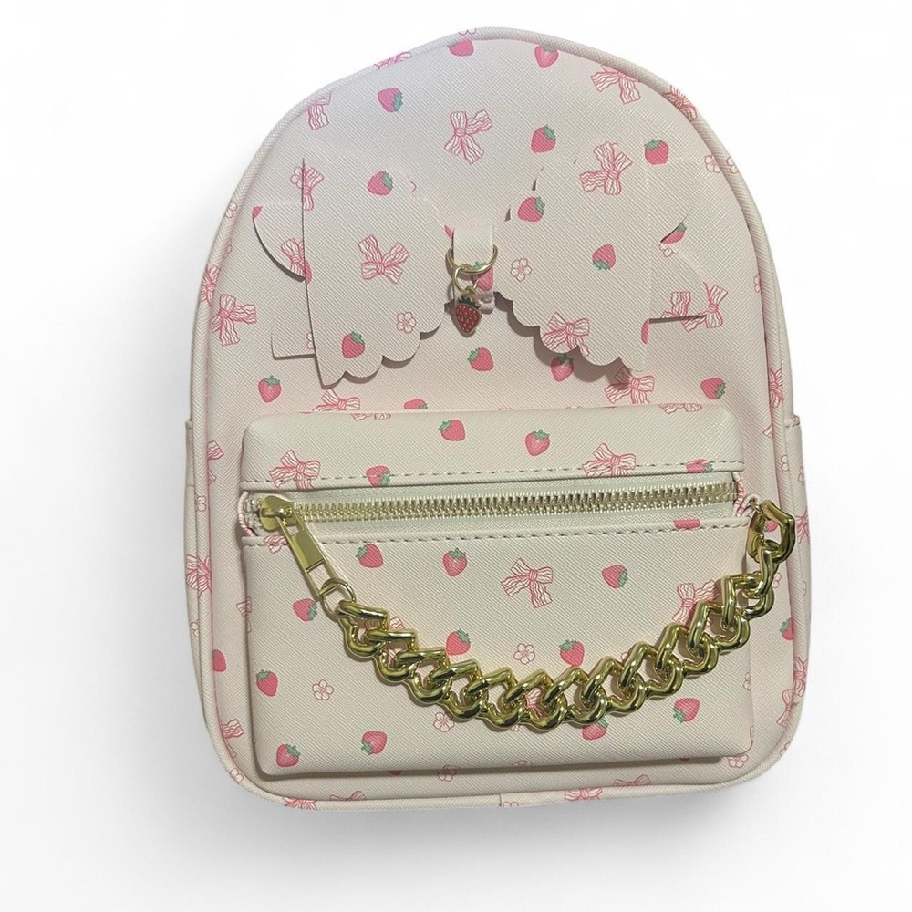 Under One Sky Light Pink Backpack with Strawberry Pattern and Gold Details